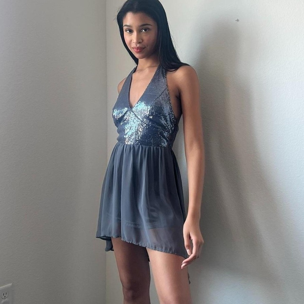 sequin backless halter top blue-gray and silver chiffon mini dress